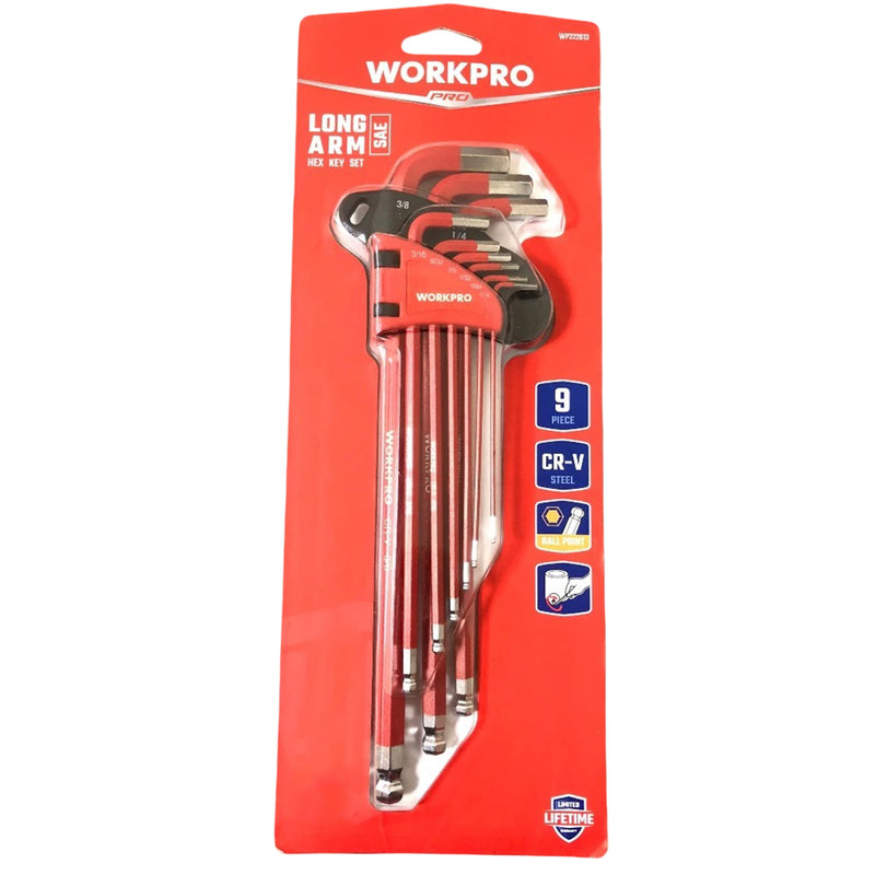 Bộ lục giác đầu bi thân dài 9 chi tiết, hệ inch Workpro WP222013 kích thước từ 1/16 inch - 3/8 inch