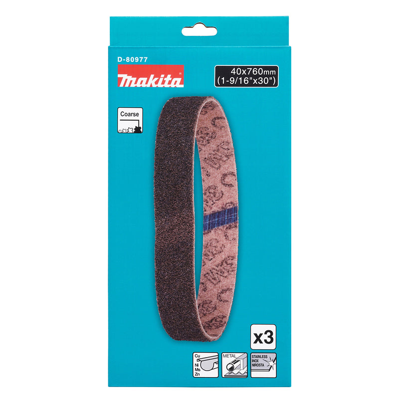 Hộp 3 giấy nhám băng sợi không dệt, loại thô, cho kim loại Makita D-80977 kích thước 40mm x 760mm