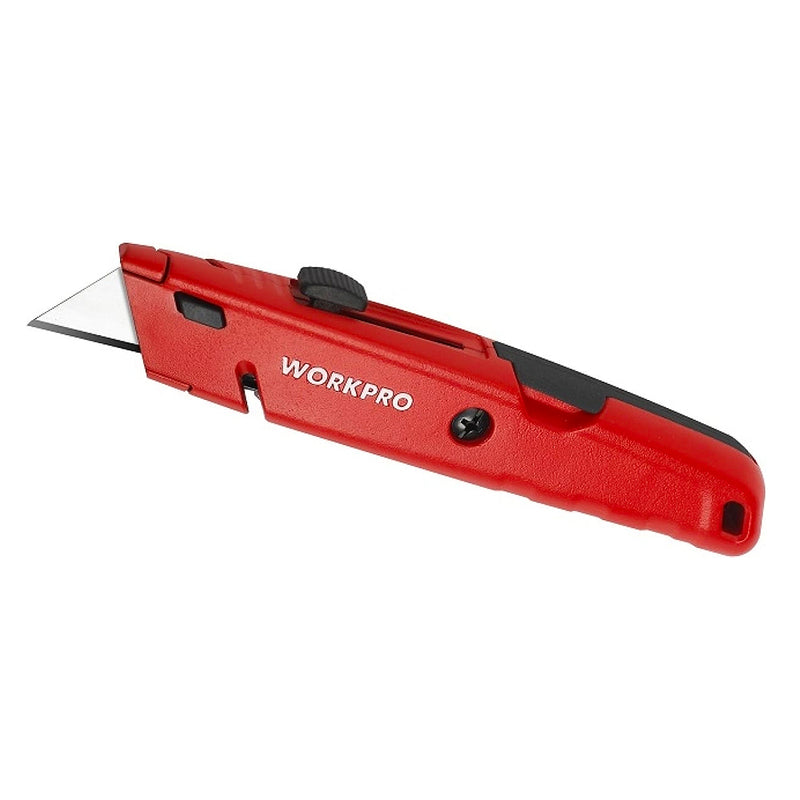 Dao rọc đa năng thân nhôm, lưỡi trượt có khe cắt dây, thay lưỡi nhanh Workpro WP213009 (màu đỏ)