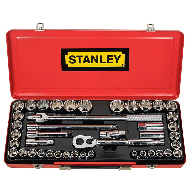 Bộ đầu tuýp hệ mét và hệ inch 12 cạnh cốt 1/2 inch 43 chi tiết Stanley 89-509 đựng trong hộp kim loại màu đỏ