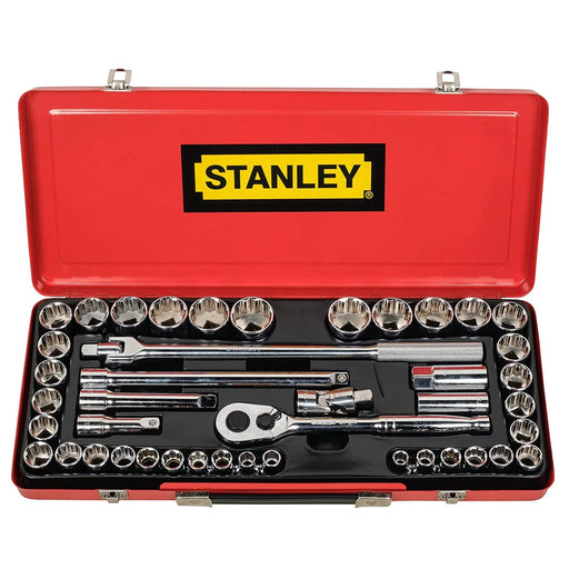 Bộ đầu tuýp hệ mét và hệ inch 12 cạnh cốt 1/2 inch 43 chi tiết Stanley 89-509 đựng trong hộp kim loại màu đỏ