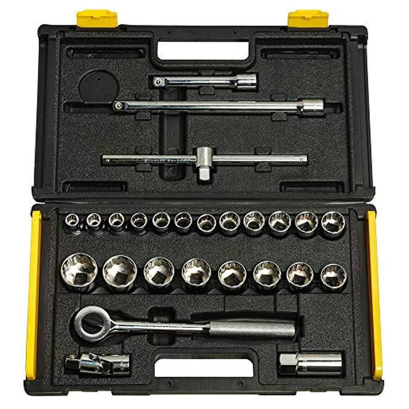 Bộ đầu tuýp 12 cạnh kèm cần siết cốt 1/2 inch 27 chi tiết Stanley 86-477 đựng trong hộp nhựa đen vàng cao cấp