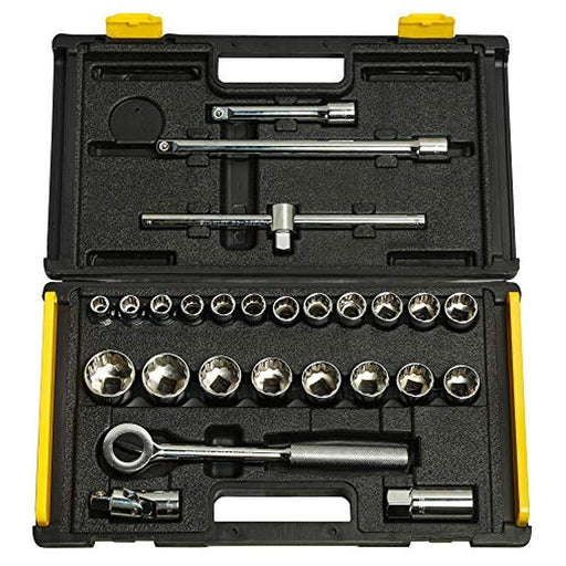 Bộ đầu tuýp 12 cạnh kèm cần siết cốt 1/2 inch 27 chi tiết Stanley 86-477 đựng trong hộp nhựa đen vàng cao cấp