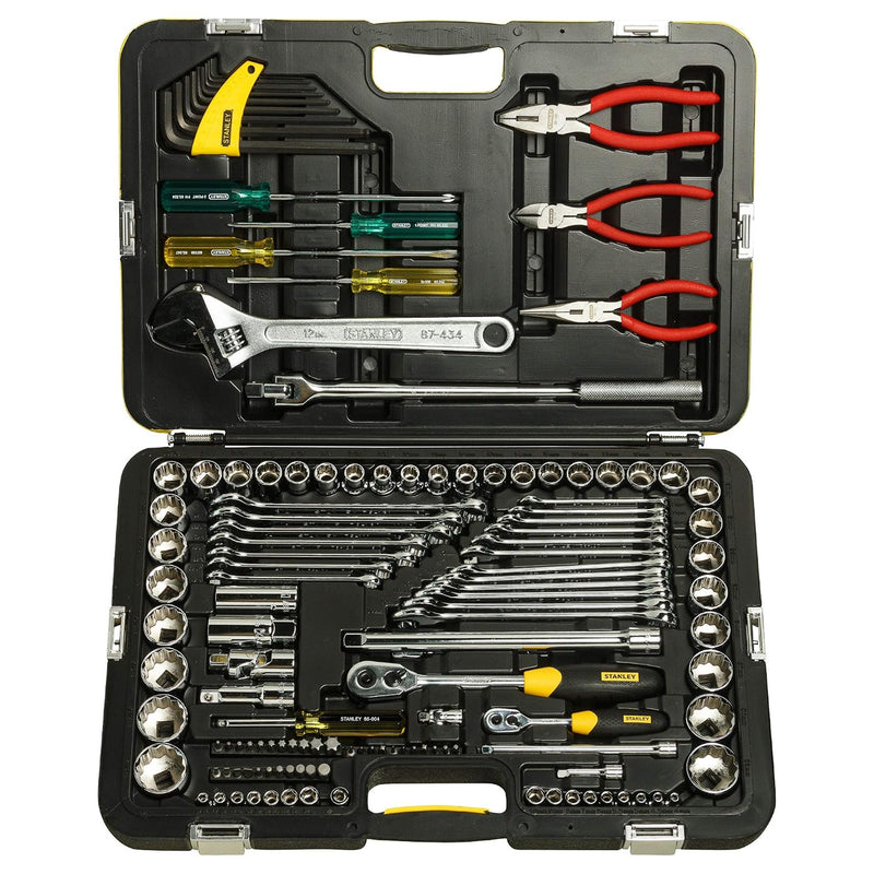Bộ dụng cụ tổng hợp 132 chi tiết Stanley 99-059 gồm khẩu 1/4 inch, 1/2 inch, cờ lê, mỏ lết và kìm