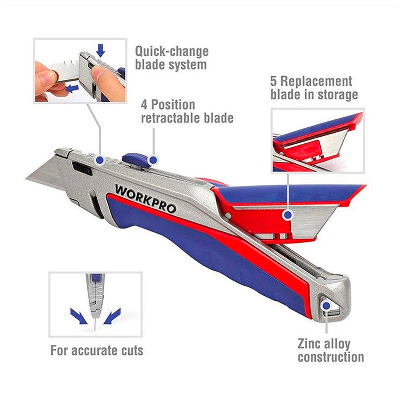Dao rọc đa năng hạng nặng, thân nhôm, lưỡi dao trượt 3 vị trí, thay lưỡi nhanh Workpro WP213014 (mã cũ W013029)