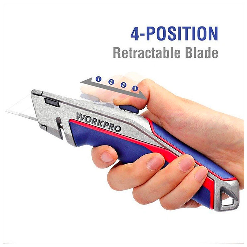 Dao rọc đa năng hạng nặng, thân nhôm, lưỡi dao trượt 3 vị trí, thay lưỡi nhanh Workpro WP213014 (mã cũ W013029)