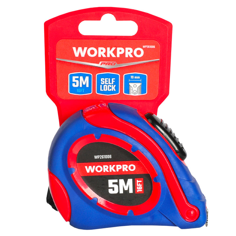 Thước kéo thép tự khóa loại tốt, nền vàng, số đo hệ met và inch Workpro