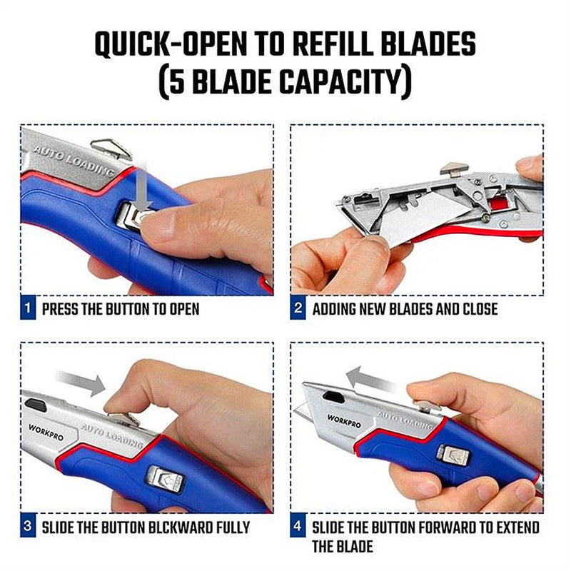 Dao rọc đa năng, thân nhôm bọc nhựa, lưỡi trượt dừng 4 vị. trí, thay lưỡi nhanh Workpro WP213012