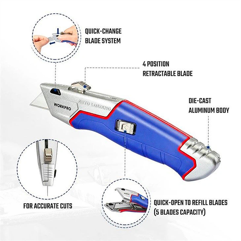 Dao rọc đa năng, thân nhôm bọc nhựa, lưỡi trượt dừng 4 vị. trí, thay lưỡi nhanh Workpro WP213012