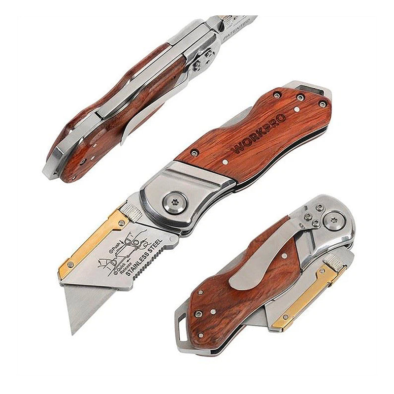 Dao rọc đa năng gấp gọn, thân bằng thép không gỉ, cán cầm ốp gỗ Workpro WP211014