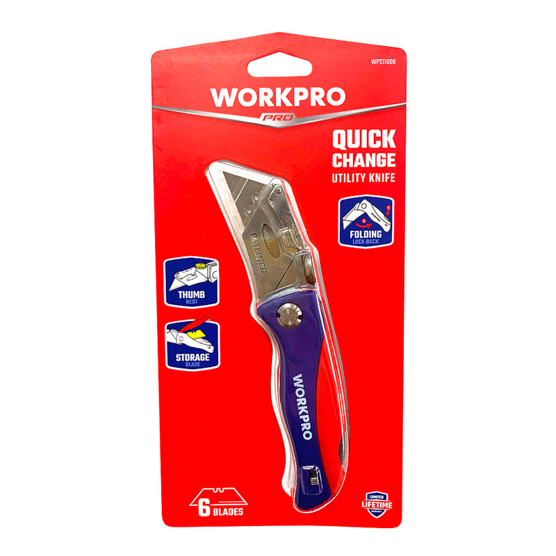 Dao gấp đa năng Bi-metal, tay cầm bọc nhựa ABS, thay lưỡi nhanh Workpro WP211006