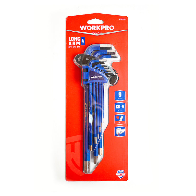 Bộ 9 cây lục giác đầu thẳng kiểu chữ L, loại dài, hệ mét, thép CR-V mạ chống gỉ, phủ bột. chống trượt Workpro WP222015