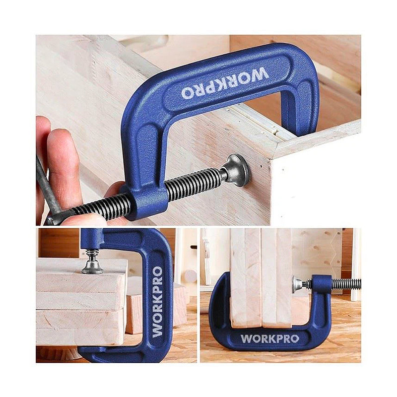 Cảo chữ C, vật liệu bằng thép đàn hồi, trục xoay mạ chrome (Cảo chữ G) Workpro ( Malleable steel frame G- clamp)