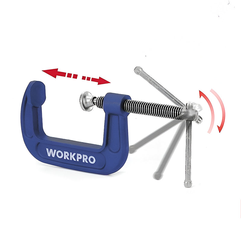 Cảo chữ C, vật liệu bằng thép đàn hồi, trục xoay mạ chrome (Cảo chữ G) Workpro ( Malleable steel frame G- clamp)