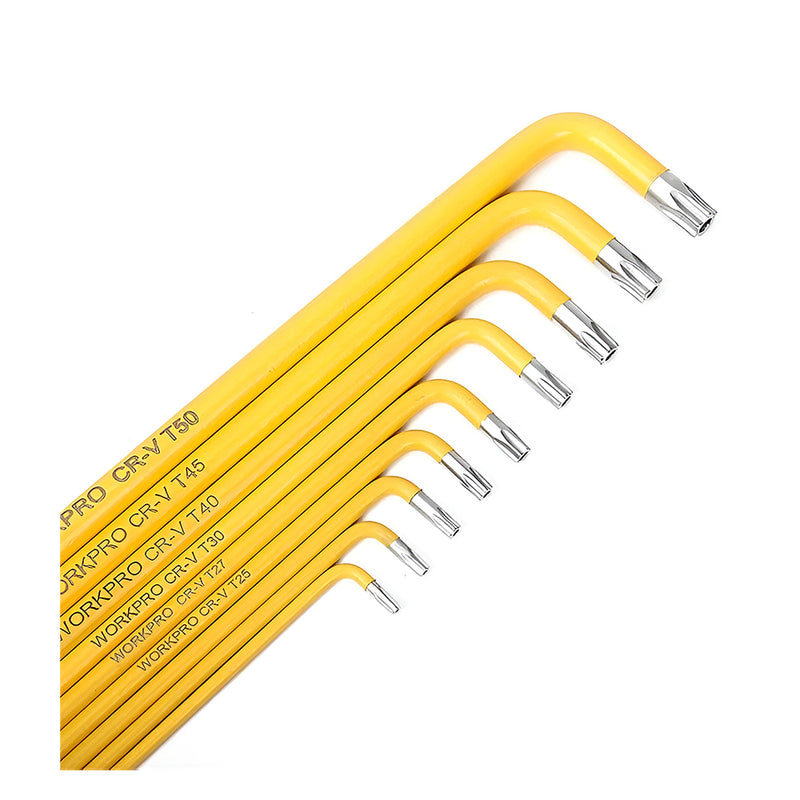 Bộ 9 cây lục giác sao kiểu chữ L, loại dài, thép CR-V mạ chống gỉ và phủ bột chống trượt Workpro WP222008