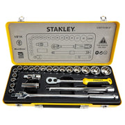 Bộ đầu tuýp 12 cạnh kèm cần siết cốt 1/2 inch 24 chi tiết Stanley STMT74184-8 đựng trong hộp kim loại màu vàng cao cấp