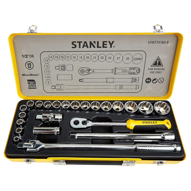 Bộ đầu tuýp 12 cạnh kèm cần siết cốt 1/2 inch 24 chi tiết Stanley STMT74184-8 đựng trong hộp kim loại màu vàng cao cấp