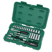 Bộ đầu tuýp SATA 09001 36 chi tiết hệ mét, cốt 1/4 inch trong hộp xanh lá