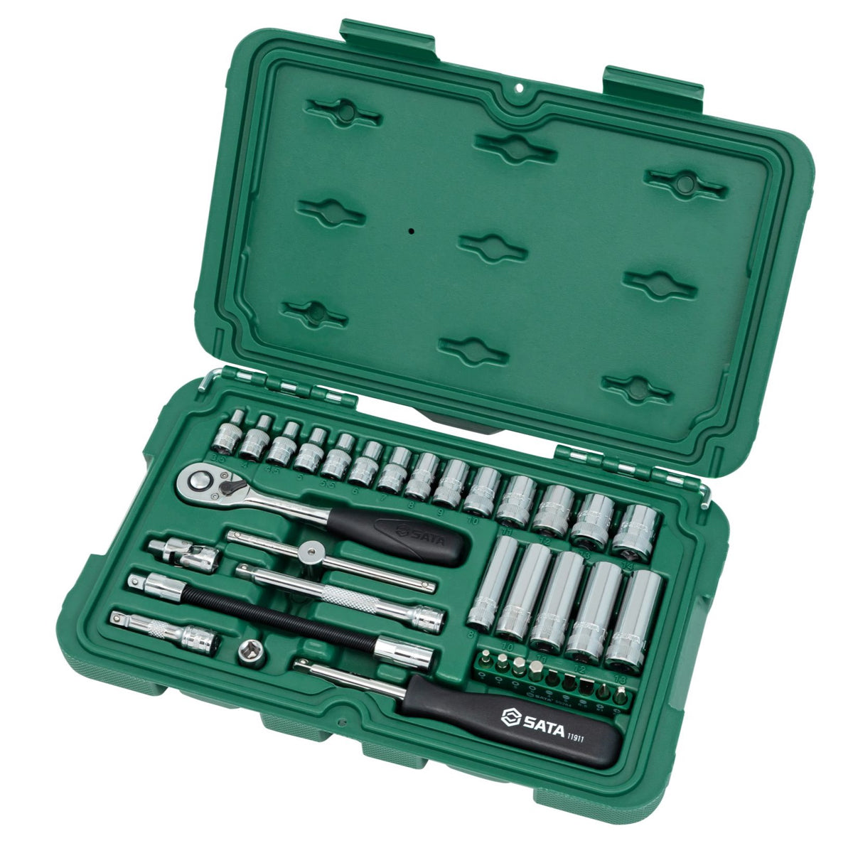 Bộ đầu tuýp SATA 09001 36 chi tiết hệ mét, cốt 1/4 inch trong hộp xanh lá