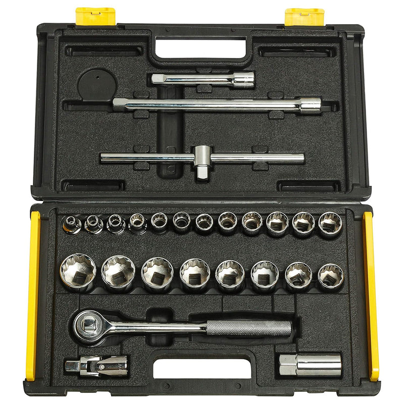 Bộ đầu tuýp hệ inch 12 cạnh kèm cần siết cốt 1/2 inch 25 chi tiết Stanley 86-478 đựng trong hộp nhựa đen vàng cao cấp