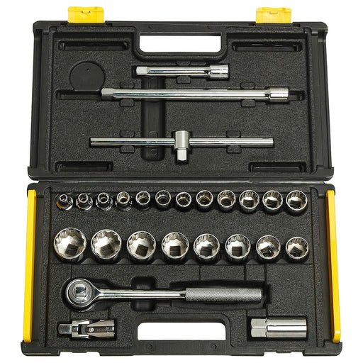 Bộ đầu tuýp hệ inch 12 cạnh kèm cần siết cốt 1/2 inch 25 chi tiết Stanley 86-478 đựng trong hộp nhựa đen vàng cao cấp