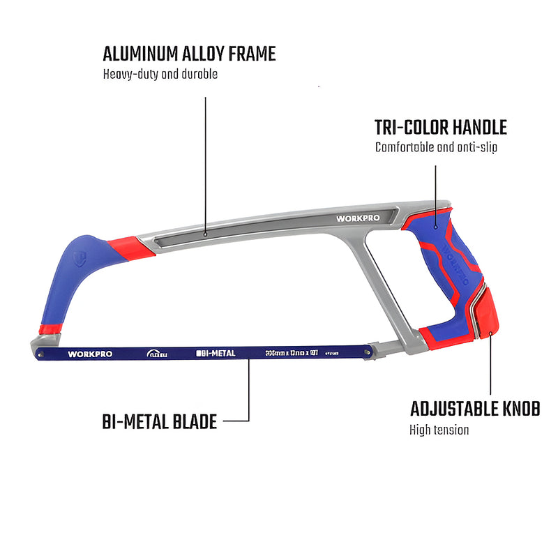 Khung cưa sắt thân nhôm 300mm (12 inches) kèm lưỡi cưa sát Bi-metal, tay cầm bọc nhựa chống trượt Workpro WP215027