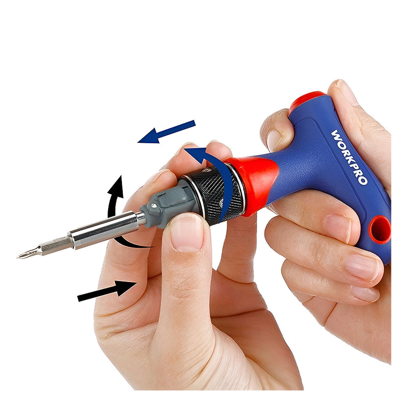 Bộ tua vít tổng hợp tay cầm chữ T, bánh cóc tự động Workpro W021408, kết hợp 21 đâu vít (mã mới WP221054)