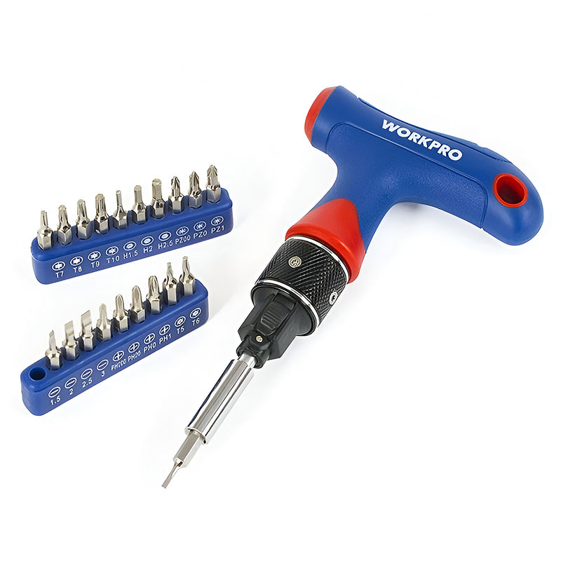 Bộ tua vít tổng hợp tay cầm chữ T, bánh cóc tự động Workpro W021408, kết hợp 21 đâu vít (mã mới WP221054)