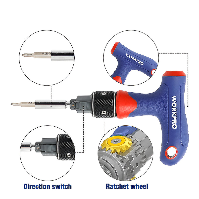 Bộ tua vít tổng hợp tay cầm chữ T, bánh cóc tự động Workpro W021408, kết hợp 21 đâu vít (mã mới WP221054)