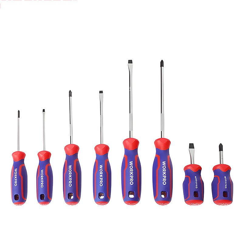 Bộ 8 cây tua vít (4 cây đầu bake, 4 cây đầu dẹp), thép CR-V mạ chrome chống gỉ, có nam châm, tay cầm bằng nhựa chống trượt Workpro WP200505