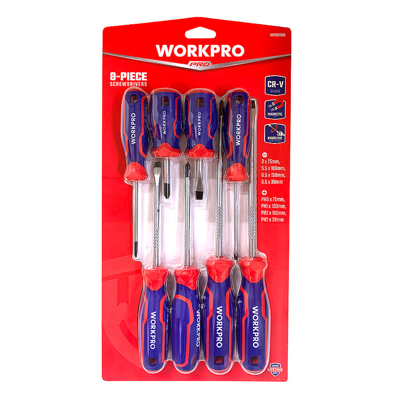 Bộ 8 cây tua vít (4 cây đầu bake, 4 cây đầu dẹp), thép CR-V mạ chrome chống gỉ, có nam châm, tay cầm bằng nhựa chống trượt Workpro WP200505