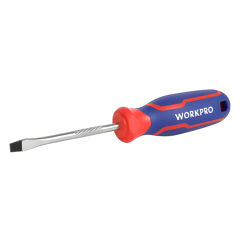 Tua vít đầu dẹp (-) thép CR-V mạ chrome, có nam châm, tay cầm bọc nhựa cao su 3 màu chống trơn trượt Workpro
