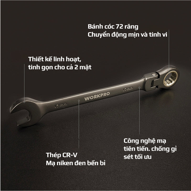 Bộ 8 cây cờ lê vòng - miệng tự động có đầu lắt léo, đựng trong túi treo, thép CR-V mạ chrome (9-17mm) Workpro WP202521