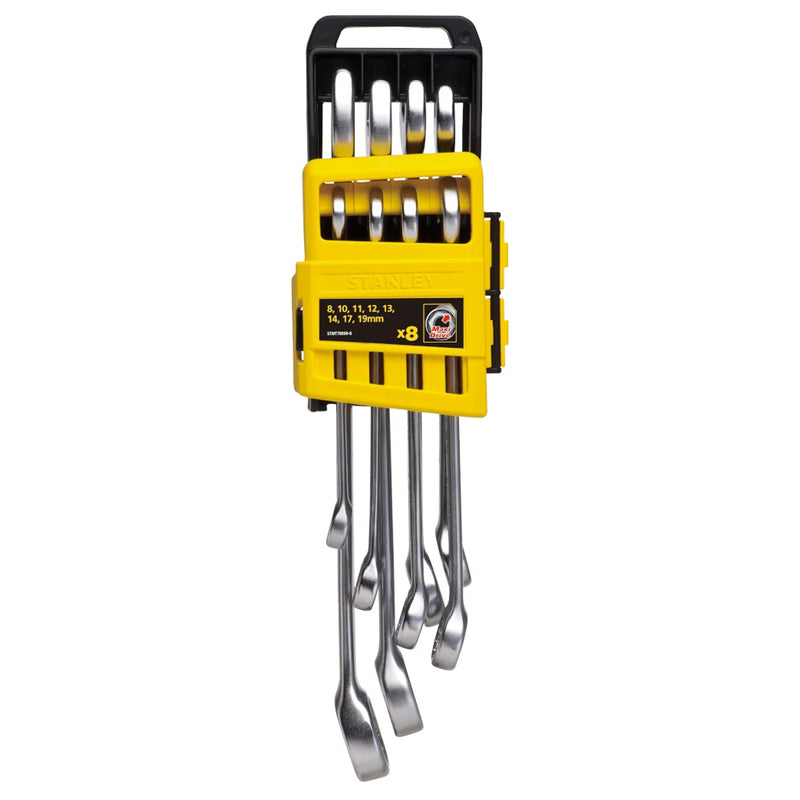 Bộ cờ lê vòng miệng hệ mét 8 chi tiết Stanley STMT78099-8 kích thước 8mm đến 19mm gài trên giá nhựa treo