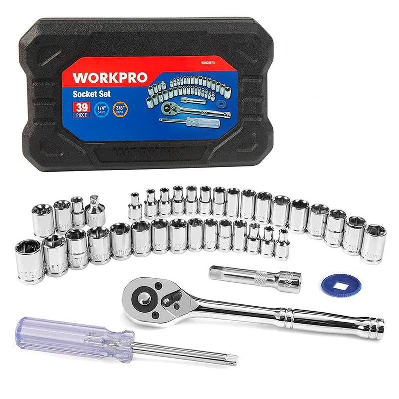 Bộ đầu tuýp và cần siết tự động Cốt 1/4 inch và 3/8 inch thép CR-V 39 món Workpro WP202536