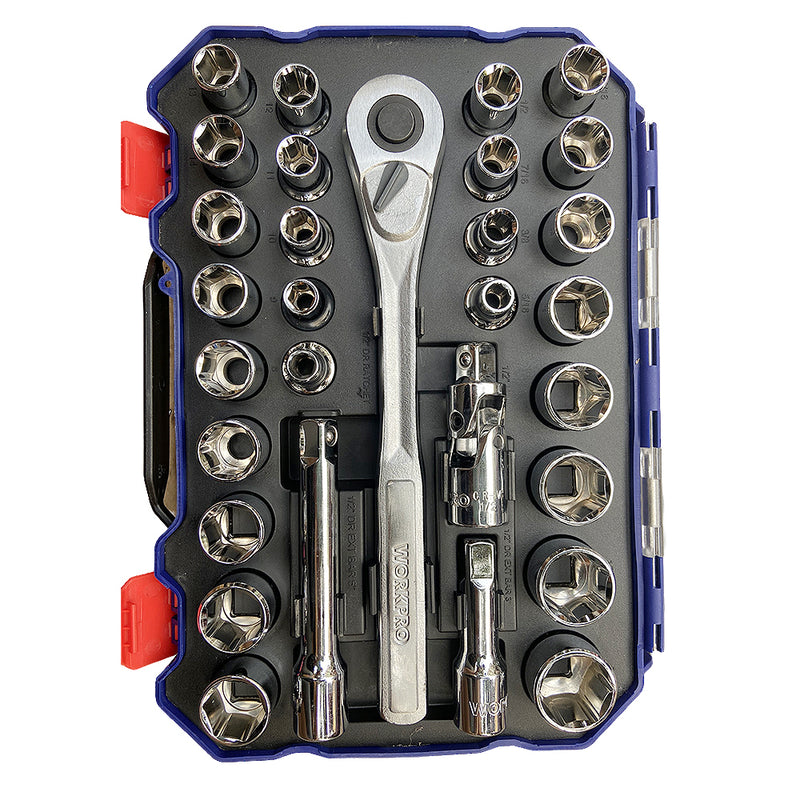 Bộ đầu tuýp và cần siết tự động cốt 1/2 inch 30 món thép CR-V đựng trong vali nhựa Workpro WP202525