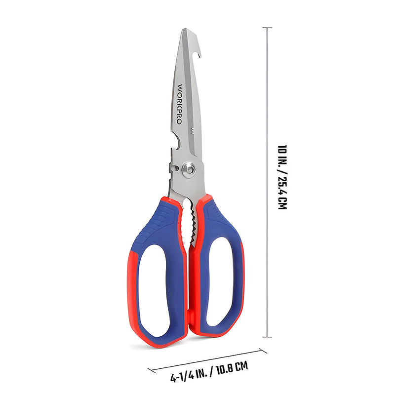 Kéo làm bếp đa năng 250mm (10 inches) kết hợp chức năng mở đồ hộp, tuốc dây, lưỡi móc Workpro WP214006