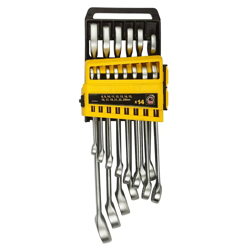 Bộ cờ lê vòng miệng hệ mét 14 chi tiết Stanley STMT78092-8 kích thước 8mm đến 24mm gài trên giá nhựa treo