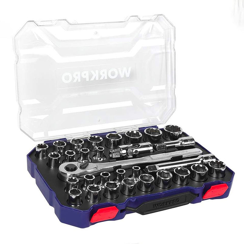 Bộ đầu tuýp và cần siết tự động cốt 1/2 inch 30 món thép CR-V đựng trong vali nhựa Workpro WP202525
