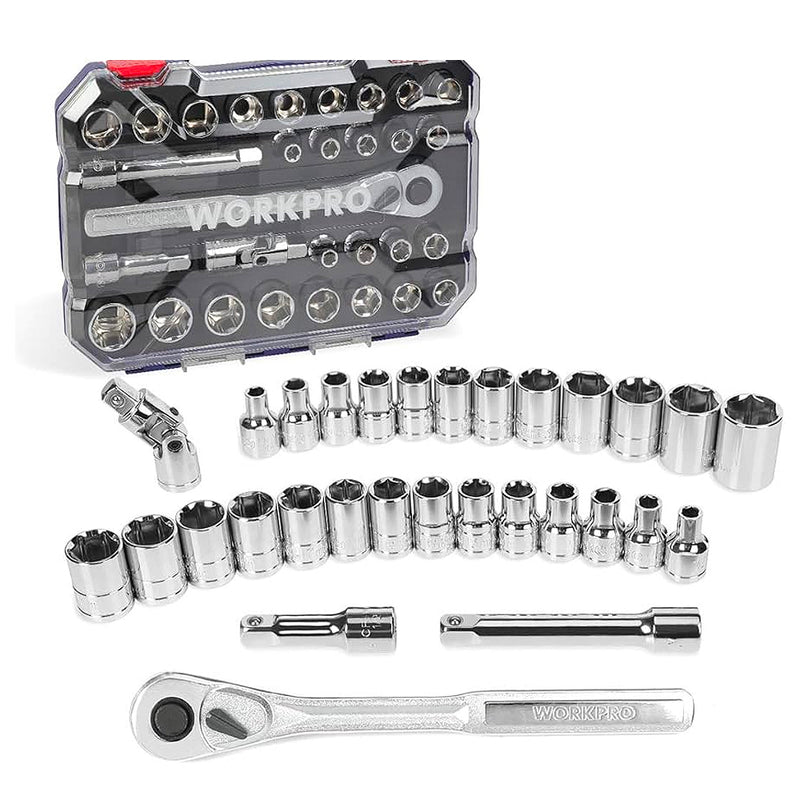 Bộ đầu tuýp và cần siết tự động cốt 1/2 inch 30 món thép CR-V đựng trong vali nhựa Workpro WP202525