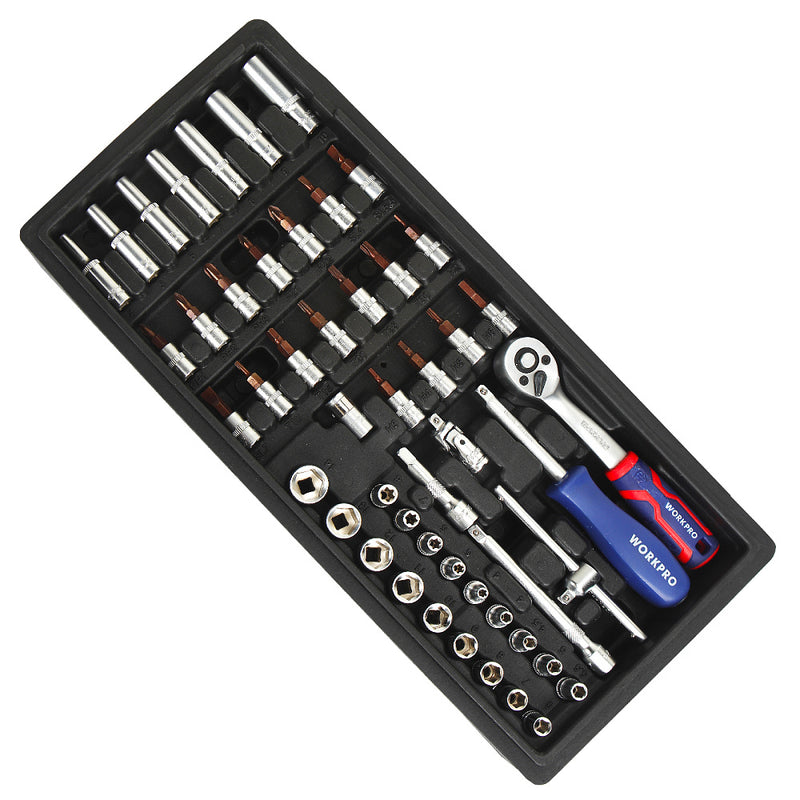 Bộ khay đầu tuýp và cần siết Dr. Socket cốt 1/4 inch 50 món để gắn vào tủ đồ nghề Workpro WP209038 (tủ tương thích Workpro WP209074)