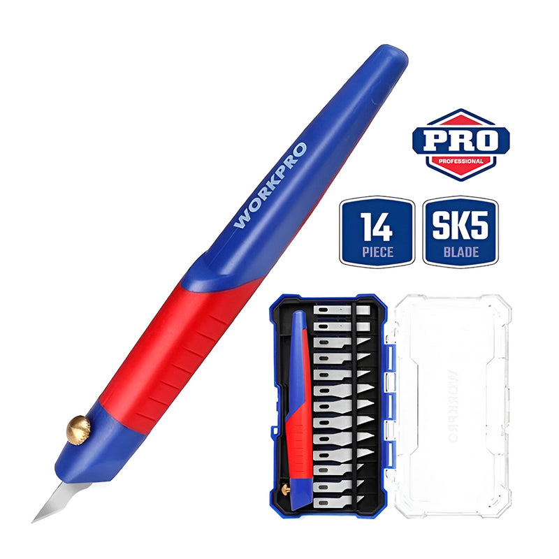 Bộ dao điêu khắc 14 chi tiết, lưỡi dao bằng vật liệu thép SK5 chứa trong hộp nhựa Workpro WP219005