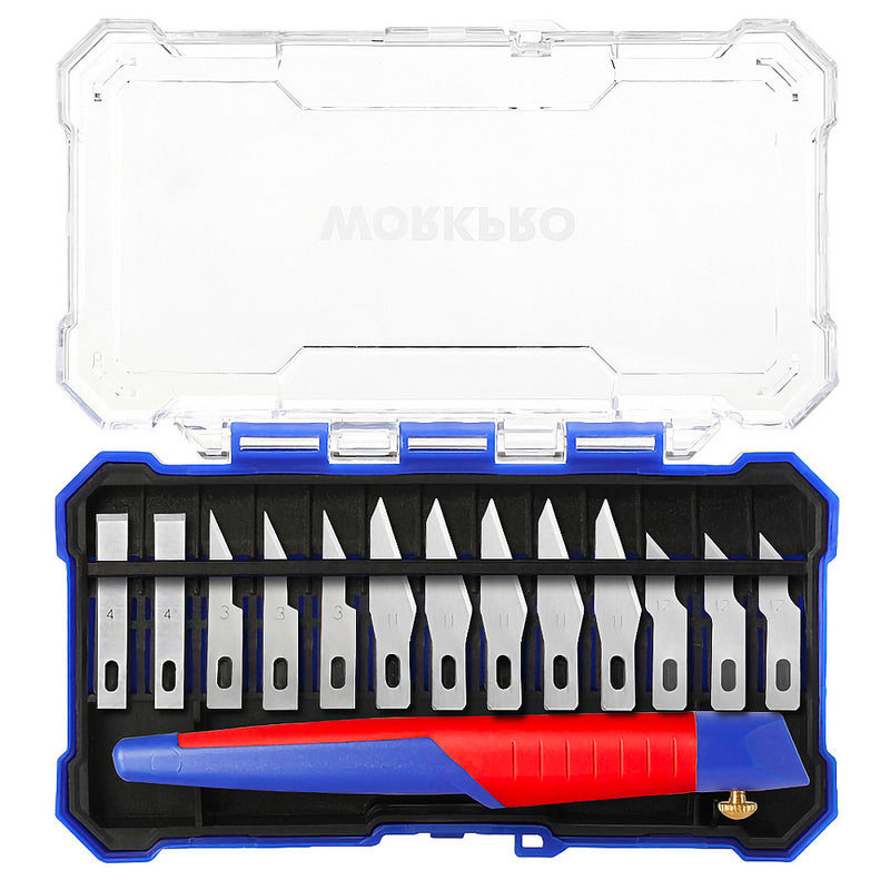 Bộ dao điêu khắc 14 chi tiết, lưỡi dao bằng vật liệu thép SK5 chứa trong hộp nhựa Workpro WP219005