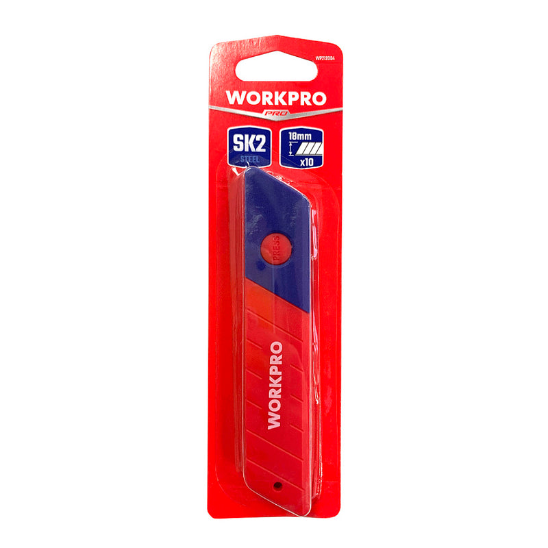Hộp 10 lưỡi dao rọc giấy bằng thép SK2, chiều rộng 18mm Workpro WP212004
