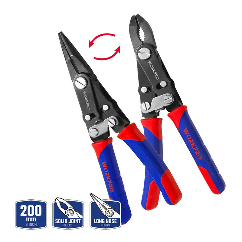 Kìm lật hàm lò xo 2 trong 1, đổi chức năng bằng cách lật tay cầm, dài 8 inch (200mm), thép CR-V Workpro WP231084 (mã cũ W031113)