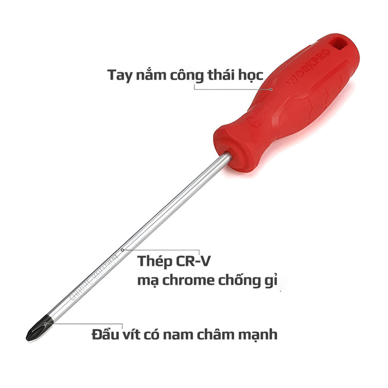 Tua vít bake (+) có nam châm, thép hợp kim CR-V mạ chrome chống gỉ Workpro