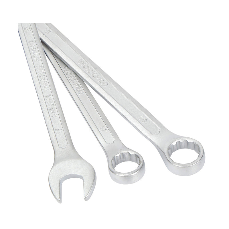 Bộ 9 cây cờ lê vòng - miệng, đựng trong túi treo, thép CR-V mạ chrome mờ (8-19mm) Workpro WP202502