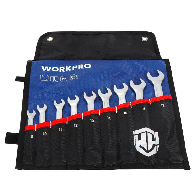 Bộ 9 cây cờ lê vòng - miệng, đựng trong túi treo, thép CR-V mạ chrome mờ (8-19mm) Workpro WP202502