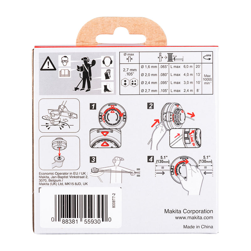 Chén cước cắt cỏ Makita 191D92-5 đường kính chén 4 inch, loại nút vặn tháo lắp nhanh (96-M8R) trục ren M8x1.25RH sợi cước 4 cạnh cho cỏ ngắn