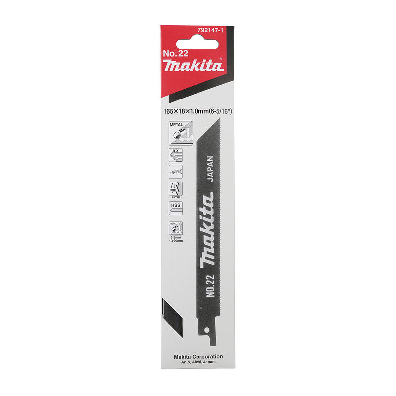 Hộp 5 lưỡi cưa kiếm HSS Makita 792147-1 dùng cho kim loại, số răng 18 TPI, chiều dài 165mm ( Cấp 3 sao )